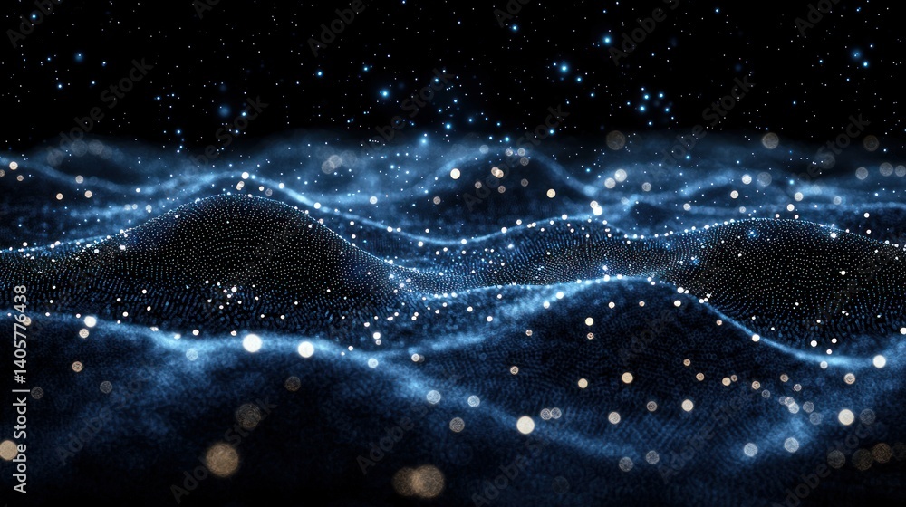 Poster abstract digital landscape of shimmering particles. a captivating display of glowing, interconnected