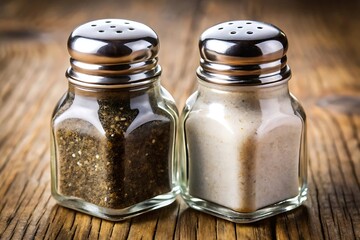 Classic Salt and Pepper Shakers on Rustic Wooden Table, close up view