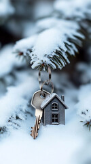 Naklejka premium House Key and Miniature Home in Snowy Winter Setting