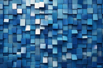 Abstract geometric pattern of many small, slightly overlapping, blue cubes