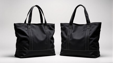 Naklejka premium Photorealistic studio mockup of two plain black canvas tote bags. Soft dramatic lighting. Placed on a clean, minimalist background.
