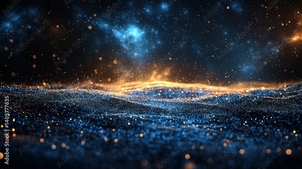 Poster abstract digital landscape of swirling particles in deep space, with a mix of warm and cool colors. 