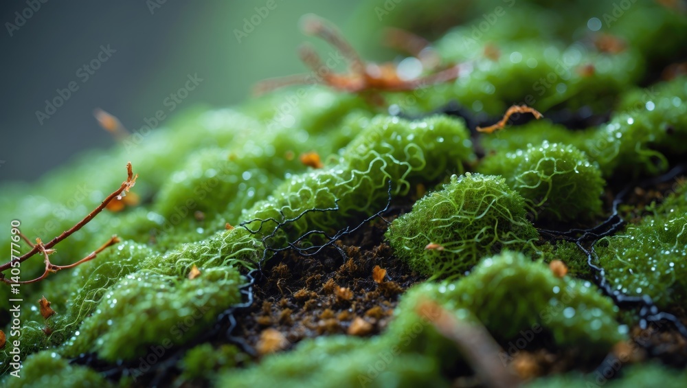 Poster background texture of green moss with selective focus. high-quality image