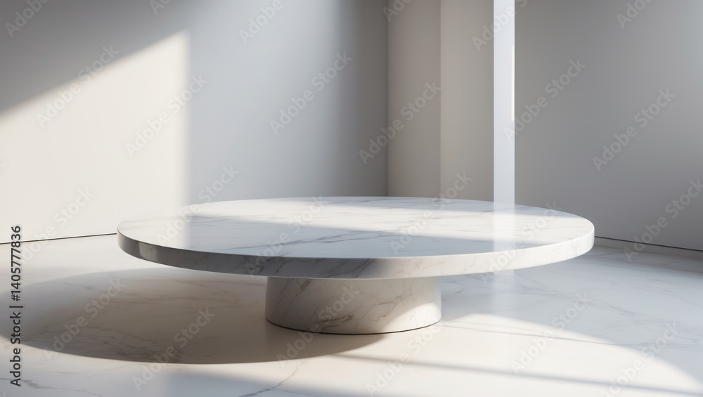Poster abstract shadow cast by round marble table top on white wall background for product display mockup