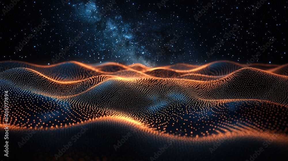 Poster abstract digital landscape under a starry night sky. a mesmerizing display of glowing, textured hill