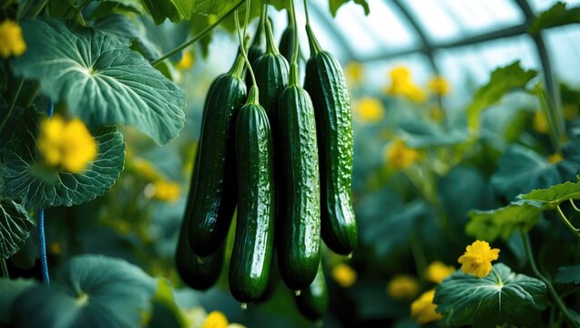 Cucumber Plants Ascending a Blue Rope Within a Greenhouse in a Vegetable Garden