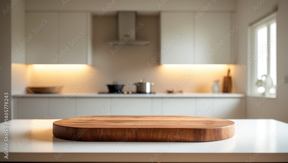 Aufkleber white table displaying a round wooden pedestal with copy space and a defocused kitchen counter setti