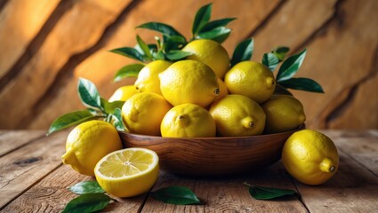Fresh lemons clustered on a wooden table