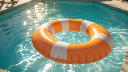 Drowning Theme. No Swimming Present. Rescue Ring in Water. Safety Equipment for Water. Lifebelt in Ocean or Pool. Orange Floating Ring in Blue Water. Rescue Operations at Pool.