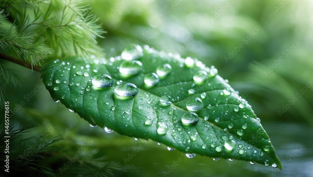 Poster high-resolution image of a leaf featuring water droplets