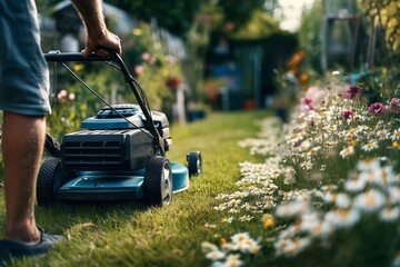 Fototapeta premium Lawn Care Activity in a Vibrant Garden During Summer Afternoon