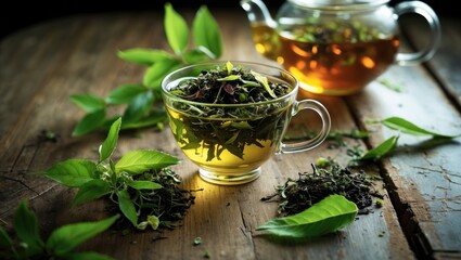 Cup of healthy green tea with tea leaves