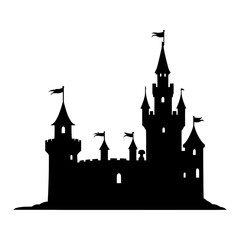 Obraz premium Castle silhouette vector isolated on white background, medieval fortress outline for fairytale design, fantasy art, storybook illustration, or historic-themed graphics.