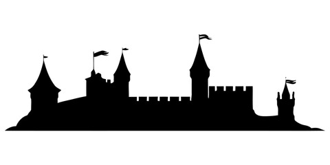Fototapeta premium Castle silhouette vector isolated on white background, medieval fortress outline for fairytale design, fantasy art, storybook illustration, or historic-themed graphics.