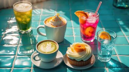 Pastry on a blue tile surface alongside green iced matcha, pink iced tea, cortado coffee, and sparkling water