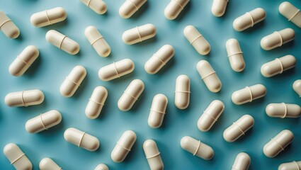 Assortment of vitamin tablets, capsules, and nutritional supplements on a backdrop