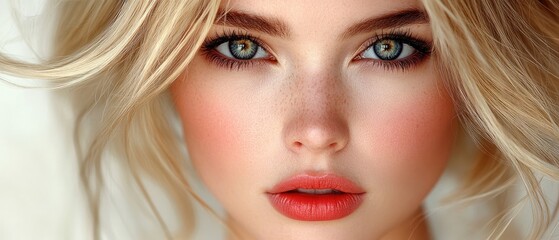 Fototapeta premium Blonde woman with freckles. Blue eyes and pink lips. Hair blowing, fair skin, and rosy cheeks