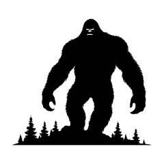 Silhouette of Sasquatch Walking Through Forest Trees Depicting Bigfoot Legend, Cryptid Creature, Wilderness Mystery, and Folklore Adventure in Vector Illustration Style