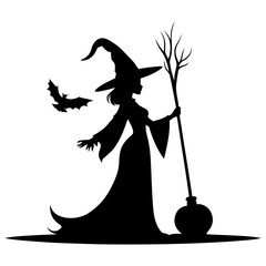 Silhouette of Witch Wearing Pointed Hat Holding Broomstick Depicting Magic, Halloween, Fantasy Character, Spellcaster, and Enchanted Story Themes in Vector Illustration