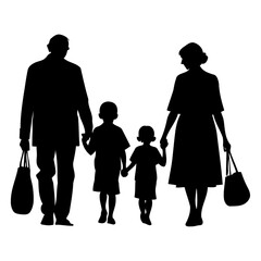Vector Silhouette of Elderly Couple Walking with Kids and Shopping Bags capturing family togetherness, cross-generational activities, joyful errands, and everyday love in motion

