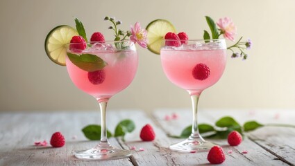 Two stylish glasses containing a pink beverage, adorned with green blossoms and fresh raspberries, placed on a light wooden surface, exuding a joyful atmosphere.