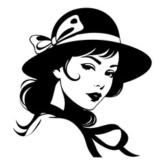 Silhouette Portrait of Elegant Woman Wearing Stylish Wide-Brimmed Hat and Flowing Hair for Fashion, Beauty, Lifestyle and Vintage Accessories Concepts in Vector Illustration Style