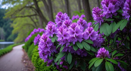 Obraz premium Azalea bushes with purple flowers flourishing on the lake's banks