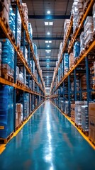 Aisles filled with goods in a bright warehouse