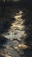 Tranquil Trail: Hoof Prints Weaving Through a Rustic Landscape Under Dappled Sunlight