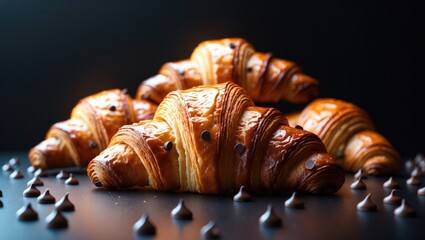 Three golden chocolate croissants accompanied by dark chocolate pieces set against a backdrop. Fresh and delectable pastry, bakery idea, close-up shot. Space for text.