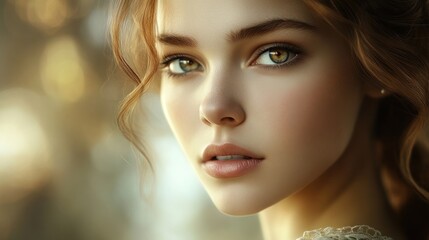 Fototapeta premium Close-up portrait of a woman with golden-brown hair and captivating green eyes