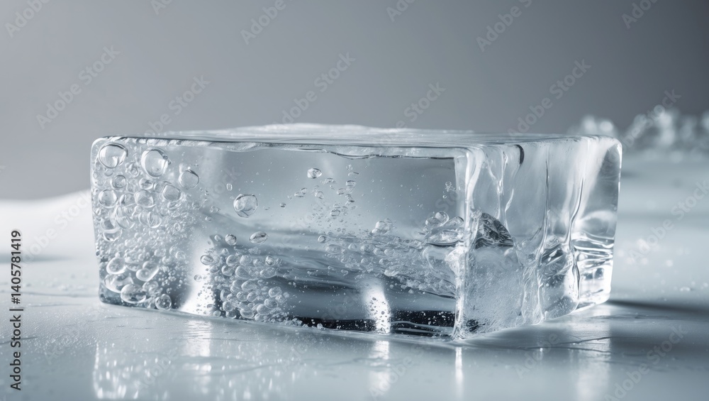 Poster clear textured ice fragment on a white backdrop.