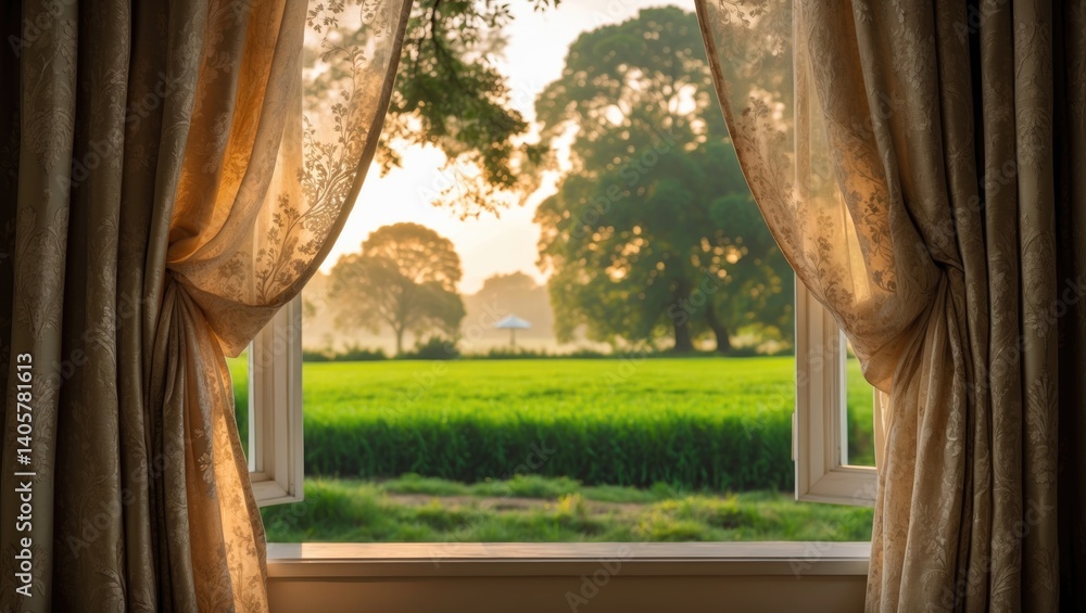 Poster Verdant trees and field visible from a window