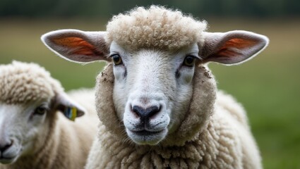 Obraz premium Sheep gazes at the camera. Close-up of a lamb. Natural coloring. Amusing cute sheep stroll in the field. Lambs strike a pose for the camera. Charming sheep.