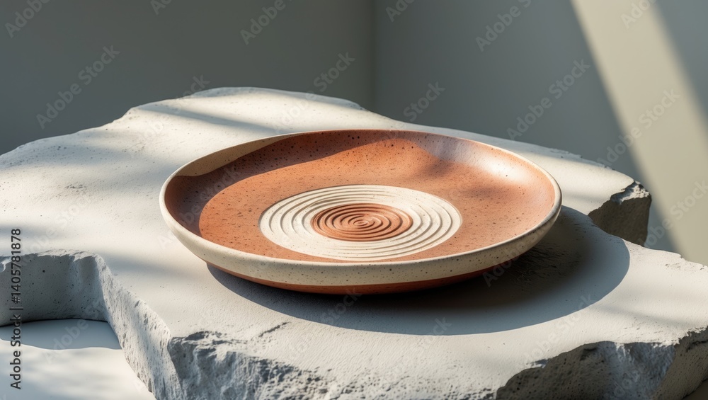 Poster top view of a handmade empty ceramic plate with blank space on a table. minimalist design. eco-frien
