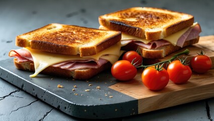 An exquisite arrangement of cheese and ham sandwiches accompanied by fresh cherry tomatoes, beautifully displayed on a dark concrete table