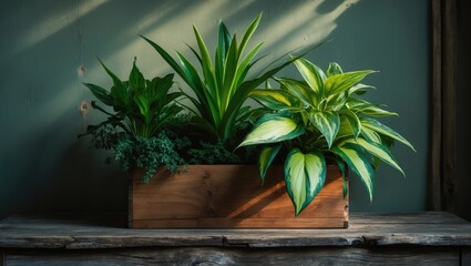 Green garden plants in a wooden planter