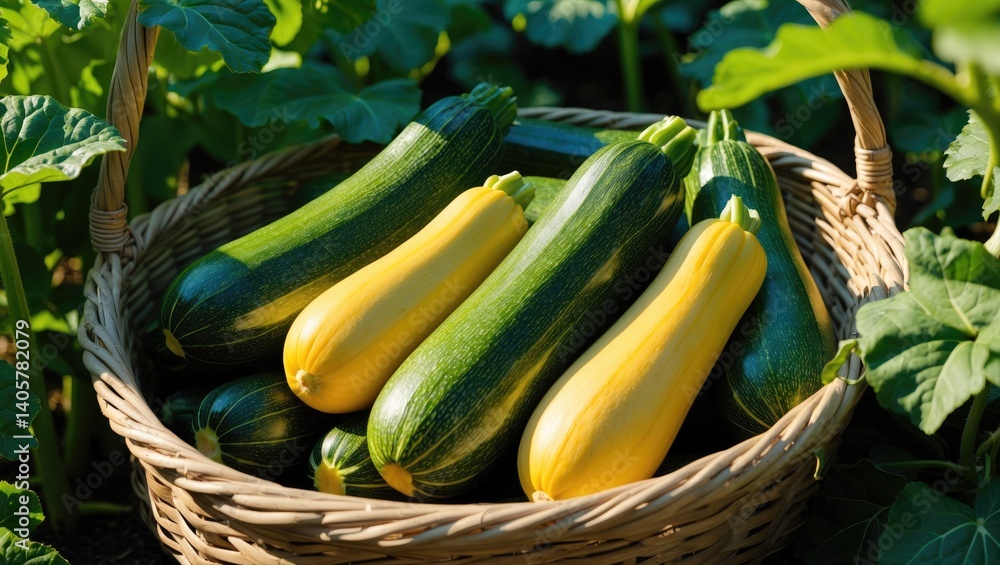 Poster collecting zucchini. fresh squash placed in basket. squash freshly picked from the garden.