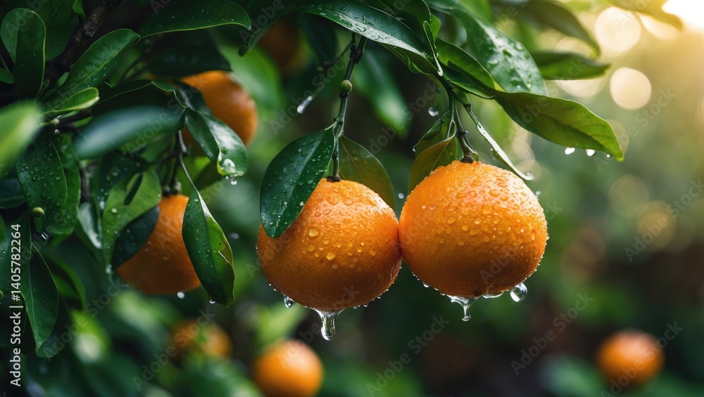Poster close-up of ripe oranges on a tree in the garden with a beautiful bokeh background