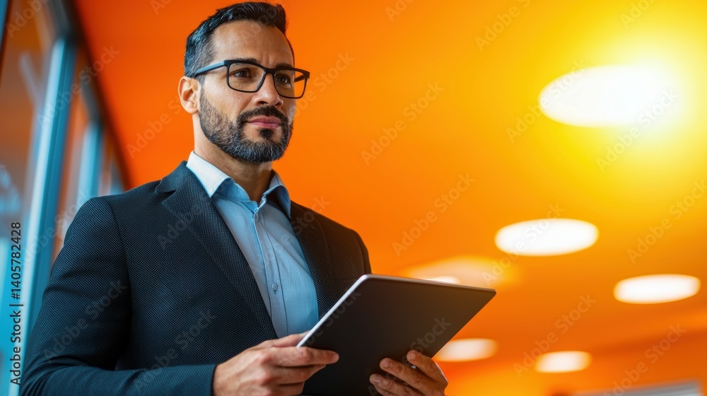 Poster serious business professional analyzing data in modern office setting dynamic perspective profession