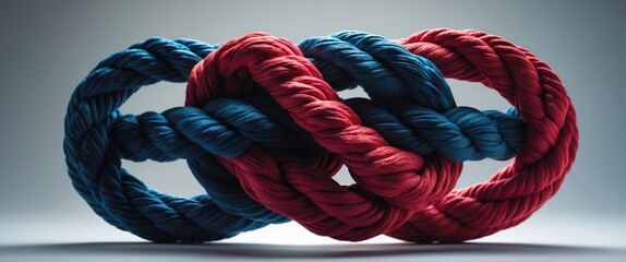 Linked ideas represented as two different ropes intertwined to form an unbreakable chain symbolizing dependence and reliance on a trustworthy partner for support and strength.