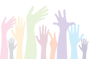 Raised Hands volunteering. Flat illustration concept. Variety Design Raising hands vector silhouette, several hand raising, protest concept, togetherness idea silhouette on  white background.