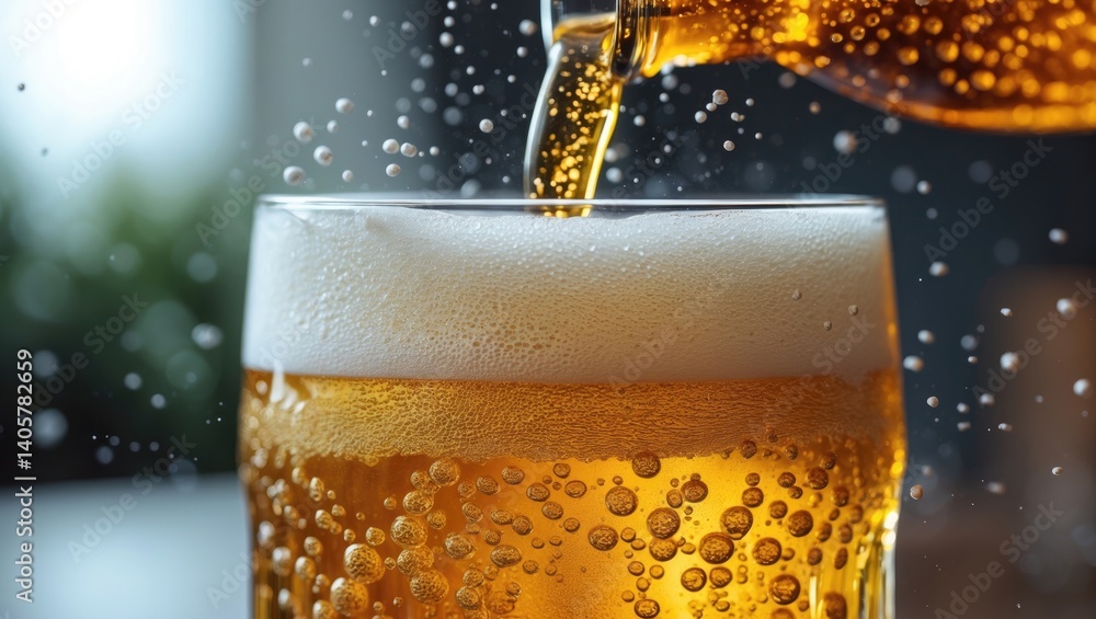 Poster beer being poured with frothy bubbles in a glass, complemented by a textured wave curve foam backdro