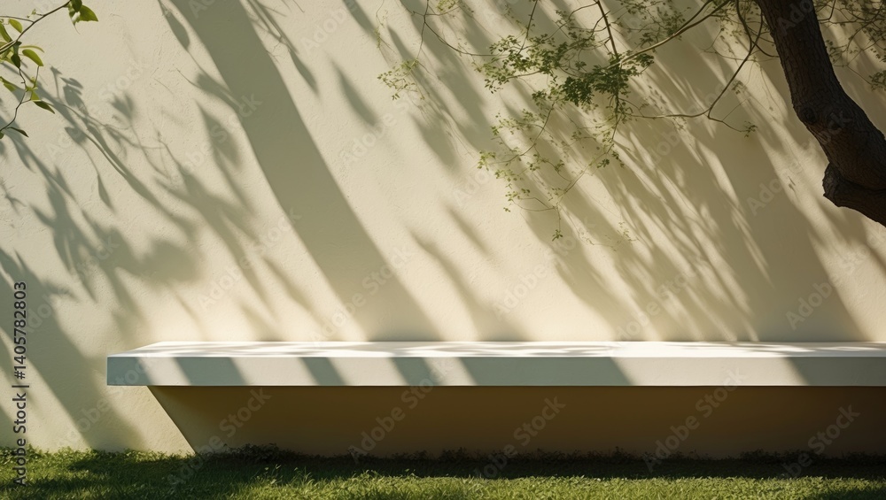 Poster garden setting with white stone table and tree shadow on wall texture, perfect for product showcase 