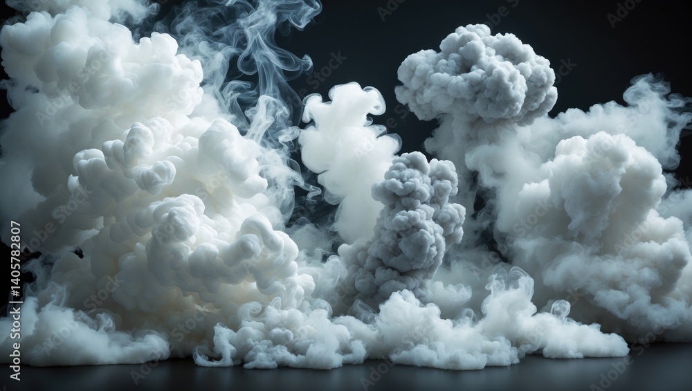 Poster an assortment of white smoke clouds with diverse shapes and forms, presented on a solid background. 