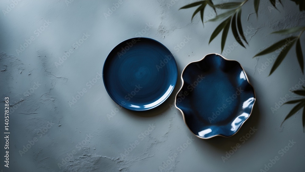 Poster bird's eye view of eco-friendly handmade ceramic tableware with space for text and design, flat lay 
