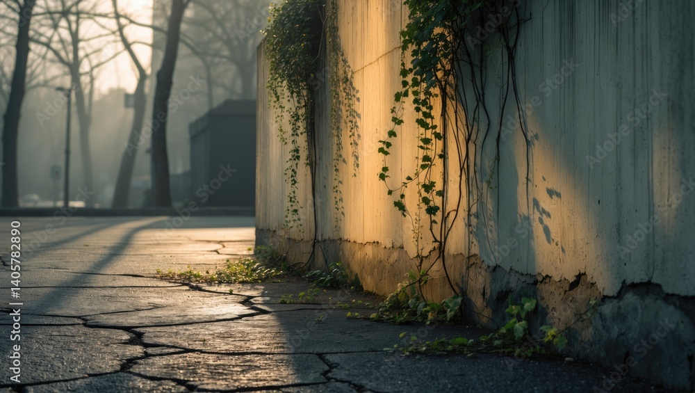 Poster weathered concrete wall adorned with ivy and bare tree shadows cast on the asphalt.