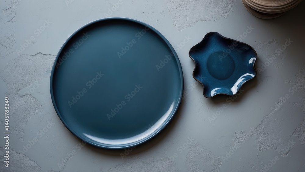 Aufkleber top-down perspective of sustainable handmade ceramic dishware featuring blank area for text and desi