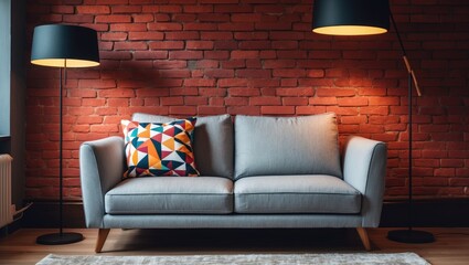 Grey sofa and floor lamp positioned by the wall in the room