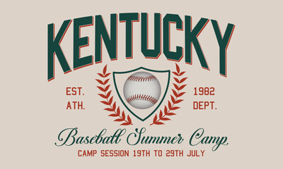 Kentucky Baseball Summer Camp session, Athletic Dept. Est. 1982 typography slogan with college varsity print for graphic tee t-shirt or sweatshirt.